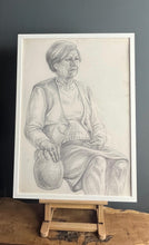 Load image into Gallery viewer, Vintage original pencil drawing, picture, older lady portrait, illustration, decoration, artist, retro style, mid century, collectible piece