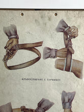 Load image into Gallery viewer, This is a vintage original poster on a card depicting medical and military content from Eastern Europe. It shows diagrams of the tourniquet method and provides instructions on usage.