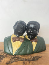 Load image into Gallery viewer, A stunning vintage 1940s ceramic bust of two African American jazz singers with a beautiful design finish with excellent facial features and expressions with a green suit, yellow shirt, and maroon bowtie, creating an exciting figure.
