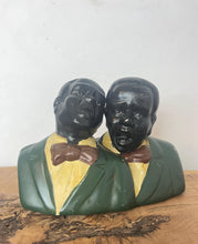 Load image into Gallery viewer, A stunning vintage 1940s ceramic bust of two African American jazz singers with a beautiful design finish with excellent facial features and expressions with a green suit, yellow shirt, and maroon bowtie, creating an exciting figure.