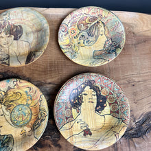Load image into Gallery viewer, Stunning Mucha art nouveau bamboo dish coasters, a selection of elegant ladies with lovely colours, and a set of glamorous pieces of home decor to create an impact in your room design.