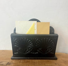 Load image into Gallery viewer, Beautiful ornate letter rack with an intricately detailed finish and matt tone in oak with an ebonised design has an opening compartment for your items.