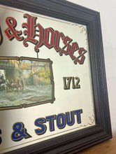 Load image into Gallery viewer, A stunning coach and horse advertising mirror featuring a Victorian-style picture in the middle creates a beautiful effect. Around the outside are a selection of excellent fonts in vibrant colours with the logo.