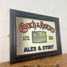 Load image into Gallery viewer, A stunning coach and horse advertising mirror featuring a Victorian-style picture in the middle creates a beautiful effect. Around the outside are a selection of excellent fonts in vibrant colours with the logo.
