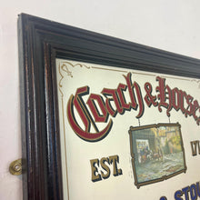 Load image into Gallery viewer, A stunning coach and horse advertising mirror featuring a Victorian-style picture in the middle creates a beautiful effect. Around the outside are a selection of excellent fonts in vibrant colours with the logo.