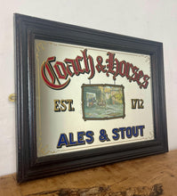 Load image into Gallery viewer, A stunning coach and horse advertising mirror featuring a Victorian-style picture in the middle creates a beautiful effect. Around the outside are a selection of excellent fonts in vibrant colours with the logo.