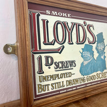 Load image into Gallery viewer, This amazing tobacco mirror features a Victorian-style design, stunning fonts in multiple colours and styles, and a pair of vagabonds smoking tobacco while wearing the clothing of the time.