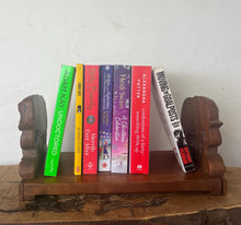 Load image into Gallery viewer, Mid-century vintage bookends extend out with stylish carved elephants with fold-down hinges.