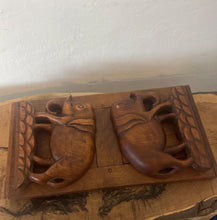 Load image into Gallery viewer, Mid-century vintage bookends extend out with stylish carved elephants with fold-down hinges.