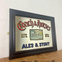 Load image into Gallery viewer, A stunning coach and horse advertising mirror featuring a Victorian-style picture in the middle creates a beautiful effect. Around the outside are a selection of excellent fonts in vibrant colours with the logo.