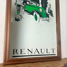 Load image into Gallery viewer, A Stylish Renault advertising mirror features a classic car with stand-out green detail. The couple wears elegant clothing and looks at their map against a woodland noir background.