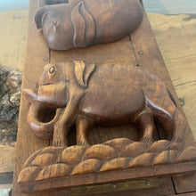 Load image into Gallery viewer, Mid-century vintage bookends extend out with stylish carved elephants with fold-down hinges.