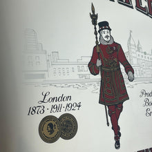 Load image into Gallery viewer, The stunning design features the famous London gin brand in vivid red fonts, a vibrant gold background, and a picture of the familiar logo on the King Body Guard of the Yeomen of the Guard (Beefeater).