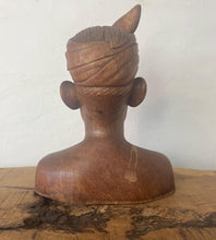 Load image into Gallery viewer, This vintage Balinese teak sculpture features a bust of a man wearing a traditional headdress. With its intricate details and exquisite craftsmanship, this piece is a one-of-a-kind decorative collectable.