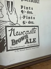 Load image into Gallery viewer, Vibrant Newcastle brown ale mirror with stand out fonts with great picture with a man enjoying his beer, fantastic slogan and interesting information about the prices, with further unique branding information a very stylish piece.