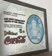Load image into Gallery viewer, This is an excellent vintage Coca-Cola advertising mirror featuring a large picture of a lady dressed in Victorian-style attire