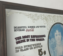 Load image into Gallery viewer, This is an excellent vintage Coca-Cola advertising mirror featuring a large picture of a lady dressed in Victorian-style attire