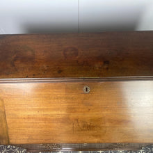Load image into Gallery viewer, The antique mahogany bureau has a fall front that opens to reveal a writing surface. Its elegant fitted interior consists of six pigeon holes, five drawers on either side, and a central cupboard with Roman columns with a gold detail sitting on desirable runners