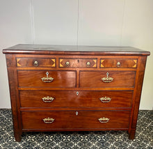 Load image into Gallery viewer, This is a classic late Georgian, mahogany, English chest of drawers dating to early c.1800.This large chest has seven drawers: three small drawers, two medium drawers, and two full-length drawers. It offers generous storage in an elegant and practical form.