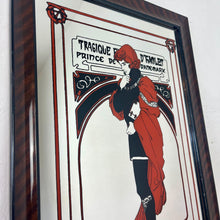 Load image into Gallery viewer, Stunning Mucha mirror featuring vibrant tones featuring a large detailed picture of the figure in orange and black with an intricate pattern border following with the same colours and bold vivid fonts to create a stand out design.