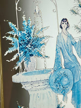Load image into Gallery viewer, Beautiful Art Nouveau lady mirror featuring a glamorous lady with an elegant blue dress and hat with a Victorian Manor House background with a fountain, and wonderful matte effect tones.