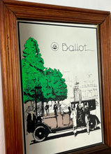 Load image into Gallery viewer, Vintage Ballot Automobile Advertising Mirror, an Art Deco piece featuring advertising for the French automotive brand Ballot.