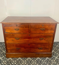 Load image into Gallery viewer, An immaculate quality Arts & Crafts chest of drawers made in figured English mahogany. Having an arrangement of 2 over 2 drawers, all retaining the original decorative handles and escutcheons. With mahogany sides on a plinth. Beautiful original condition throughout. English, Circa 1900.