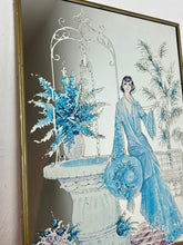 Load image into Gallery viewer, Beautiful Art Nouveau lady mirror featuring a glamorous lady with an elegant blue dress and hat with a Victorian Manor House background with a fountain, and wonderful matte effect tones.