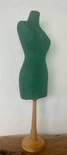 Load image into Gallery viewer, Mid-century green dress form with leaf detail, a stunning tabletop tailor's dummy or dressmaking mannequin. This form is commonly used in fashion design, home interior pieces and displaying jewellery.