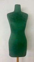 Load image into Gallery viewer, Mid-century green dress form with leaf detail, a stunning tabletop tailor's dummy or dressmaking mannequin. This form is commonly used in fashion design, home interior pieces and displaying jewellery.