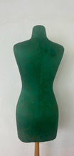 Load image into Gallery viewer, Mid-century green dress form with leaf detail, a stunning tabletop tailor's dummy or dressmaking mannequin. This form is commonly used in fashion design, home interior pieces and displaying jewellery.