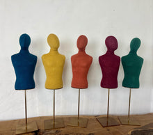 Load image into Gallery viewer, Vintage selection of a row of colourful fabric torso mannequins on stands, suitable for displaying jewellery, and can be used in your home, in a retail setting, or for fashion purposes.