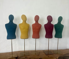 Load image into Gallery viewer, Vintage selection of a row of colourful fabric torso mannequins on stands, suitable for displaying jewellery, and can be used in your home, in a retail setting, or for fashion purposes.