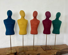 Load image into Gallery viewer, Vintage selection of a row of colourful fabric torso mannequins on stands, suitable for displaying jewellery, and can be used in your home, in a retail setting, or for fashion purposes.