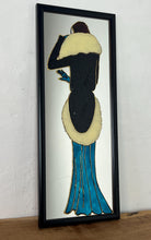 Load image into Gallery viewer, The artwork is further enhanced by the addition of raised, textured elements, outlines of the figure and details of the dress and fur collar. This creates a tactile, three-dimensional quality to the piece, contrasting with the smooth mirrored surface.