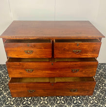 Load image into Gallery viewer, An immaculate quality Arts & Crafts chest of drawers made in figured English mahogany. Having an arrangement of 2 over 2 drawers, all retaining the original decorative handles and escutcheons. With mahogany sides on a plinth. Beautiful original condition throughout. English, Circa 1900.