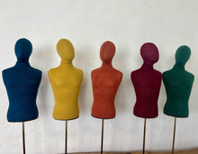 Load image into Gallery viewer, Vintage selection of a row of colourful fabric torso mannequins on stands, suitable for displaying jewellery, and can be used in your home, in a retail setting, or for fashion purposes.