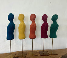 Load image into Gallery viewer, Vintage selection of a row of colourful fabric torso mannequins on stands, suitable for displaying jewellery, and can be used in your home, in a retail setting, or for fashion purposes.