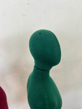 Load image into Gallery viewer, Vintage selection of a row of colourful fabric torso mannequins on stands, suitable for displaying jewellery, and can be used in your home, in a retail setting, or for fashion purposes.