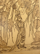 Load image into Gallery viewer, Based of the Vogue cherry blossom design an iconic magazine cover illustration from 1919 by artist Helen Dryden depicts a woman in a flowing dress in a nature scene, reminiscent of the Art Nouveau style.