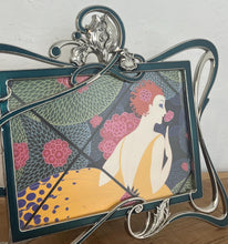 Load image into Gallery viewer, Beautiful vintage picture frame designed in the Art Deco style, featuring ornate, flowing lines and a green enamel finish. It is made from metal, likely pewter or a silver-plated alloy.