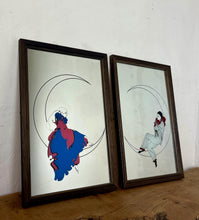 Load image into Gallery viewer, This pair of stunning Art Deco mirrors depicting a Pierrot or Harlequin on a crescent moon is an illustration, first and foremost, of a woman in an Art Deco style, vintage from the mid-20th century.