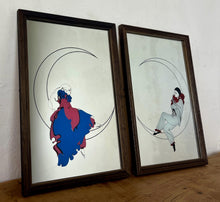 Load image into Gallery viewer, This pair of stunning Art Deco mirrors depicting a Pierrot or Harlequin on a crescent moon is an illustration, first and foremost, of a woman in an Art Deco style, vintage from the mid-20th century.