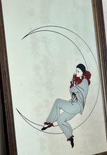 Load image into Gallery viewer, This pair of stunning Art Deco mirrors depicting a Pierrot or Harlequin on a crescent moon is an illustration, first and foremost, of a woman in an Art Deco style, vintage from the mid-20th century.