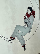 Load image into Gallery viewer, This pair of stunning Art Deco mirrors depicting a Pierrot or Harlequin on a crescent moon is an illustration, first and foremost, of a woman in an Art Deco style, vintage from the mid-20th century.