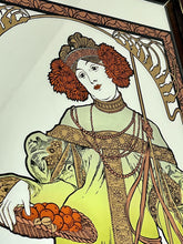 Load image into Gallery viewer, Vintage Art Nouveau mirror showing Alphonse Mucha's Autumn from his influential 1896 series, The Seasons.