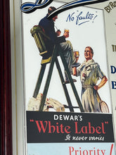 Load image into Gallery viewer, It includes a depiction of a seated Scotsman with a glass of whisky, and another scene below showing men with a cart, which are classic elements of Dewar's vintage advertising campaigns.