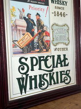 Load image into Gallery viewer, It includes a depiction of a seated Scotsman with a glass of whisky, and another scene below showing men with a cart, which are classic elements of Dewar's vintage advertising campaigns.
