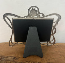 Load image into Gallery viewer, Beautiful vintage picture frame designed in the Art Deco style, featuring ornate, flowing lines and a green enamel finish. It is made from metal, likely pewter or a silver-plated alloy.