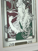 Load image into Gallery viewer, The woman’s hair, wild and swirling through a play of ornate interweaving lines, is a typical Mucha style feature. When this was created, women generally did not smoke in public and usually wore their hair up, making this a daring and wild piece. The geometric shape repeated in the background is the company’s logo.